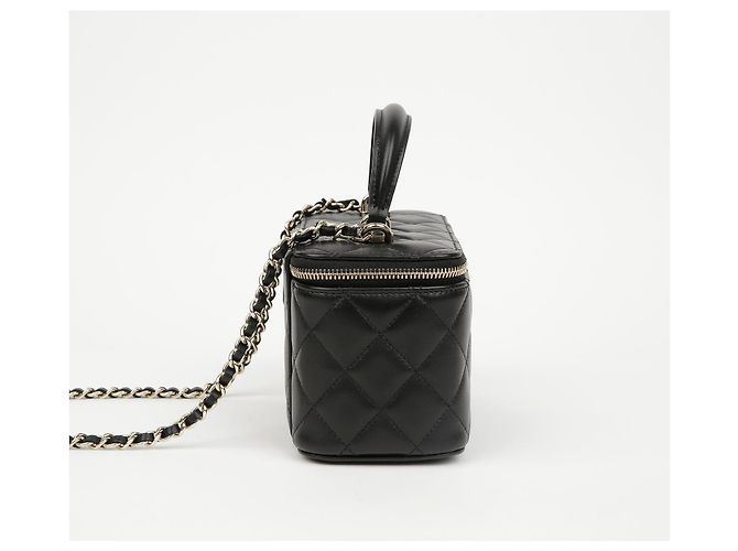 Chanel Borsa Vanity in pelle d'agnello con manico superiore e tracolla a catena Nero Oro - vista 5
