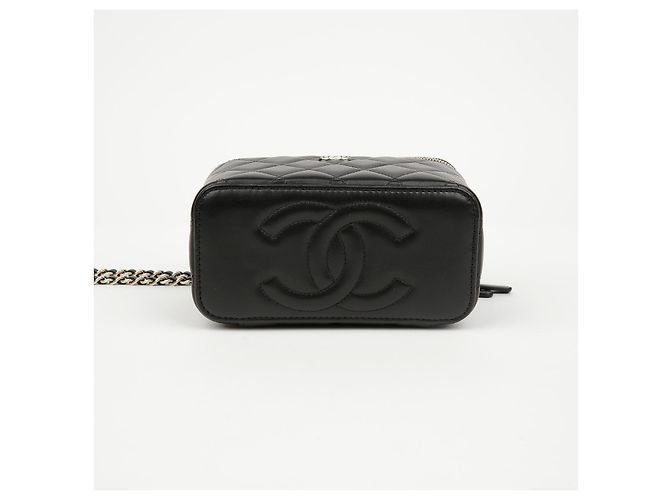 Chanel Borsa Vanity in pelle d'agnello con manico superiore e tracolla a catena Nero Oro - vista 6