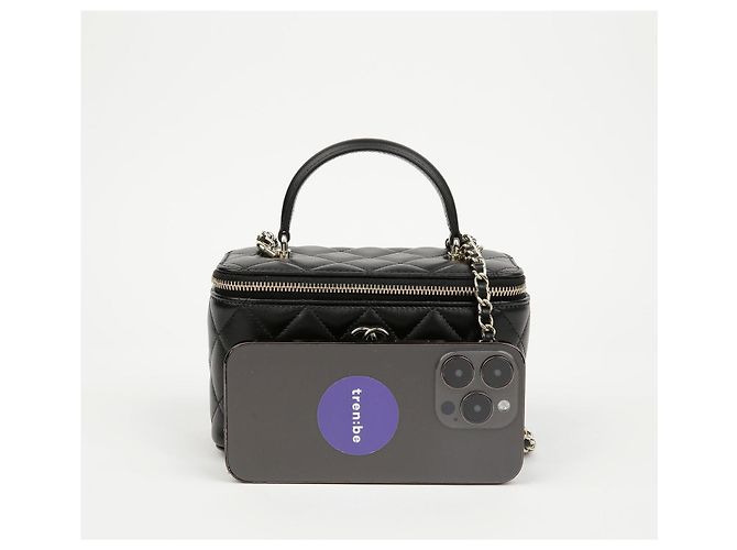 Chanel Borsa Vanity in pelle d'agnello con manico superiore e tracolla a catena Nero Oro - vista 7