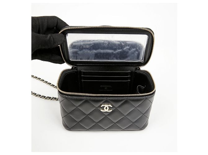 Chanel Borsa Vanity in pelle d'agnello con manico superiore e tracolla a catena Nero Oro - vista 8