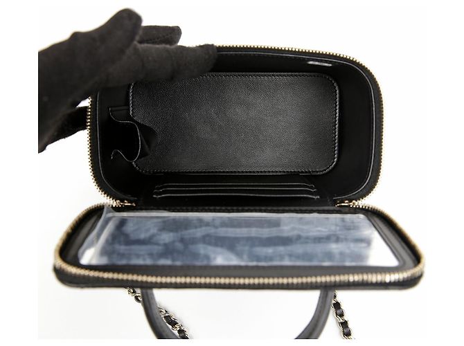 Chanel Borsa Vanity in pelle d'agnello con manico superiore e tracolla a catena Nero Oro - vista 9