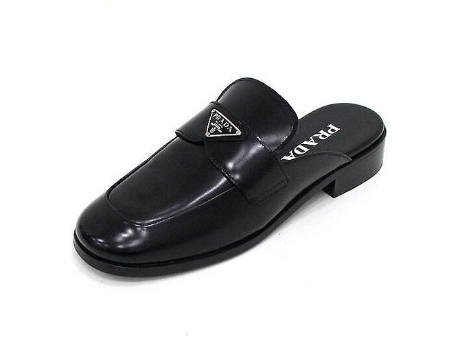 Prada Brushed Black Mule Slippers with Triangular Logo - view 2