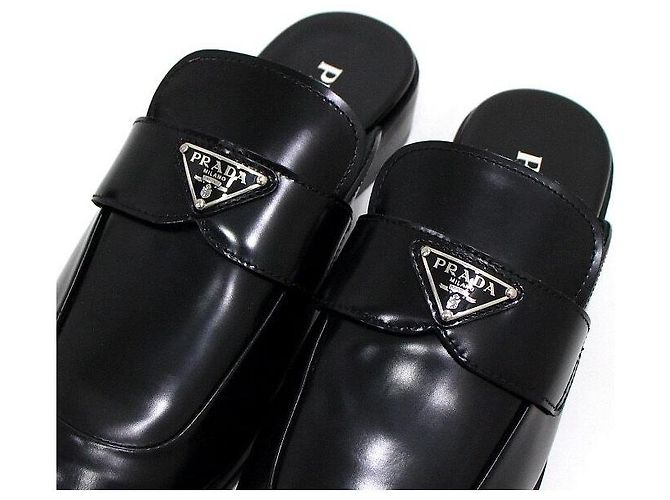 Prada Brushed Black Mule Slippers with Triangular Logo - view 5
