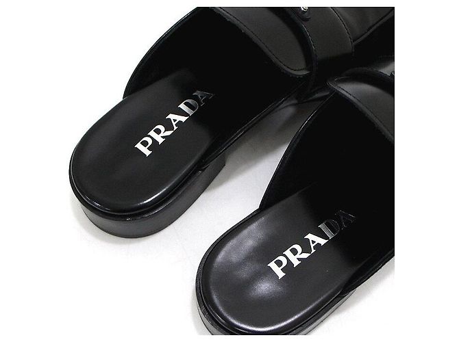 Prada Brushed Black Mule Slippers with Triangular Logo - view 6