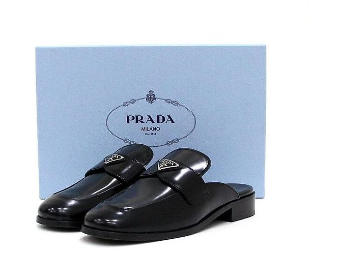 Prada Brushed Black Mule Slippers with Triangular Logo - view 8
