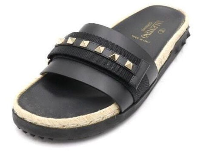 Valentino Rockstud Damen-Slipper aus schwarzem Raffia mit Klettverschluss - Ansicht 2