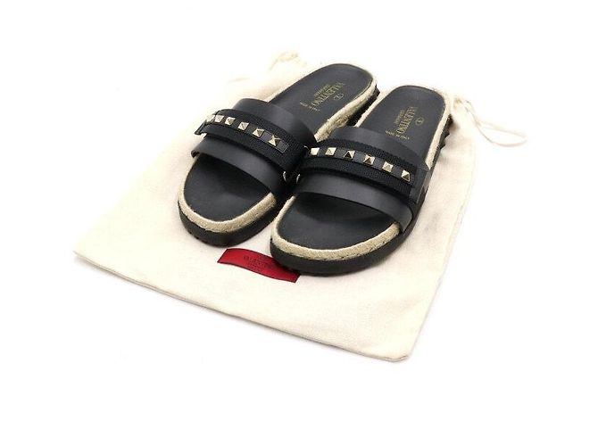 Valentino Rockstud Damen-Slipper aus schwarzem Raffia mit Klettverschluss - Ansicht 7