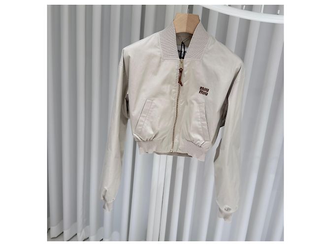 Miu Miu Panama Baumwoll-Bomberjacke Beige Damen (Größe Braun - Ansicht 2
