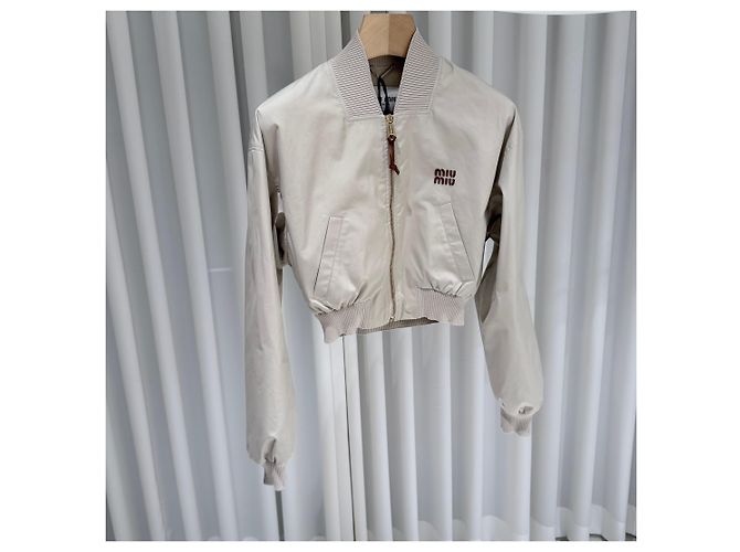 Miu Miu Panama Baumwoll-Bomberjacke Beige Damen (Größe Braun - Ansicht 3