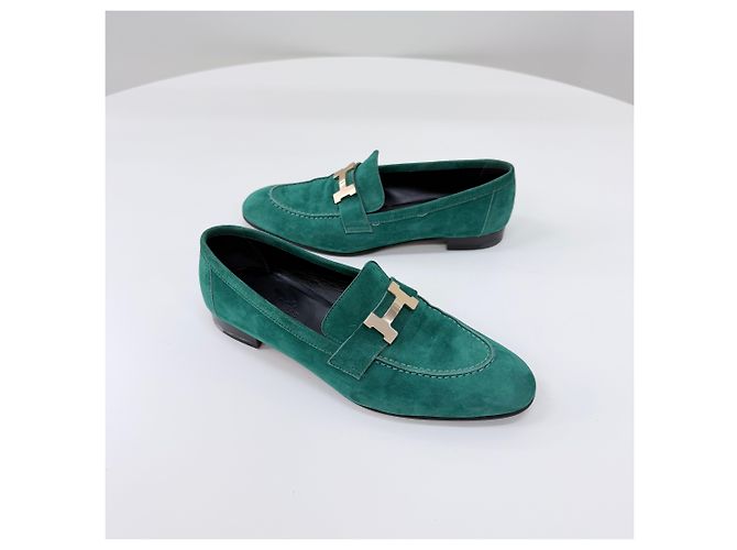 Hermès Mocassino in camoscio con logo Green Verde - vista 2