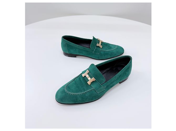 Hermès Mocassino in camoscio con logo Green Verde - vista 3