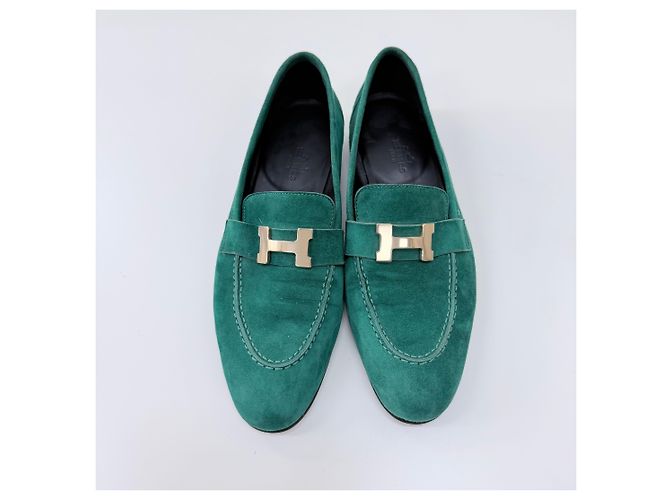 Hermès Mocassino in camoscio con logo Green Verde - vista 6