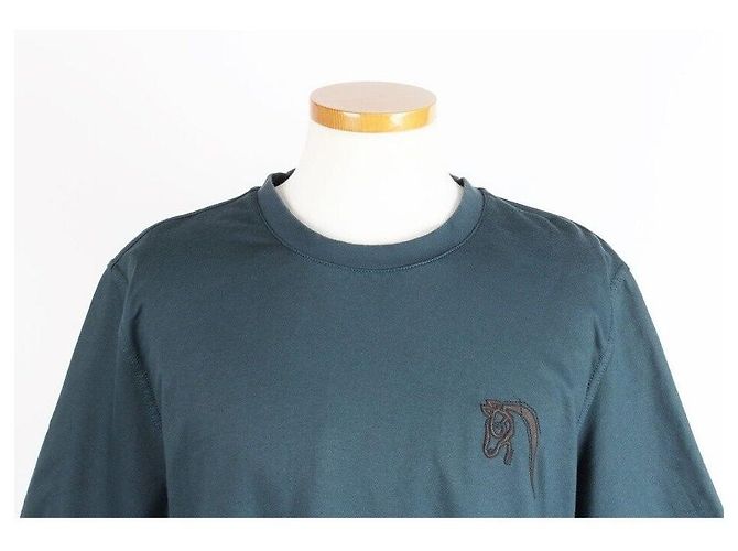 Hermès T-Shirt Turchese con Patch in Pelle di Cavallo Blu - vista 2