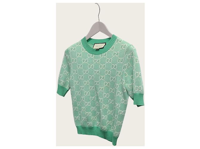 Gucci Strickpullover aus Baumwoll-Woll-Mischung GG Jacquard Mint Kurzarm Grün - Ansicht 2