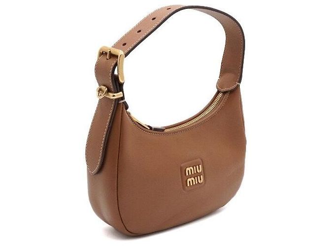 Miu Miu Bolso Hobo y Bolso Bandolera de Cuero Caramelo con Logotipo Dorado Castaño - vista 3
