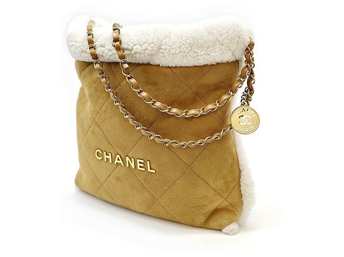 Chanel Borsa Tote in shearling nera con chip Arancione - vista 6