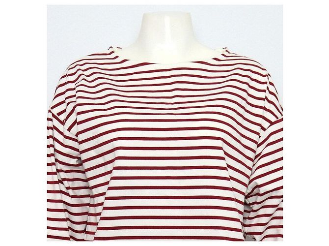 Céline T-shirt de manga comprida em algodão branco com riscas borgonha - vista 2