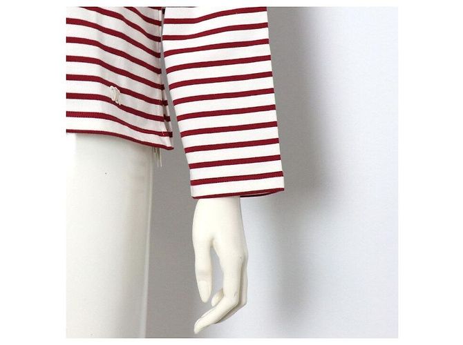 Céline T-shirt de manga comprida em algodão branco com riscas borgonha - vista 3