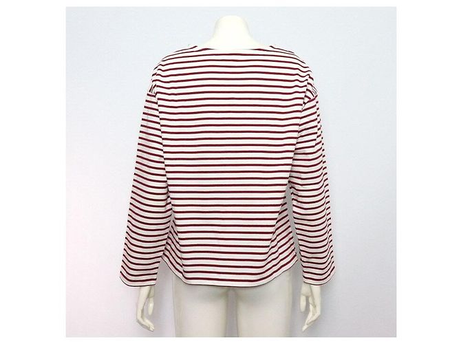 Céline T-shirt de manga comprida em algodão branco com riscas borgonha - vista 4