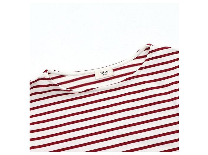 Céline T-shirt de manga comprida em algodão branco com riscas borgonha - vista 5