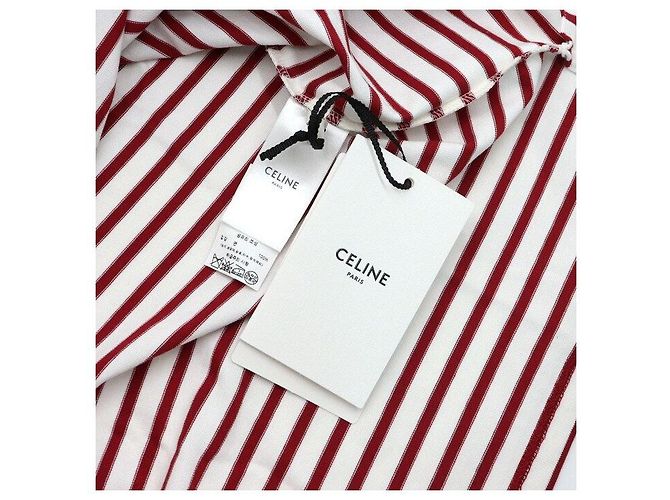 Céline T-shirt de manga comprida em algodão branco com riscas borgonha - vista 7