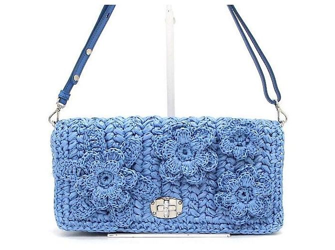 Miu Miu Borsa a tracolla in rafia blu con fiore di cristallo e catena argentata - vista 2