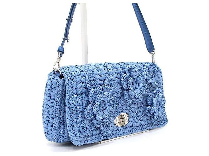Miu Miu Borsa a tracolla in rafia blu con fiore di cristallo e catena argentata - vista 4