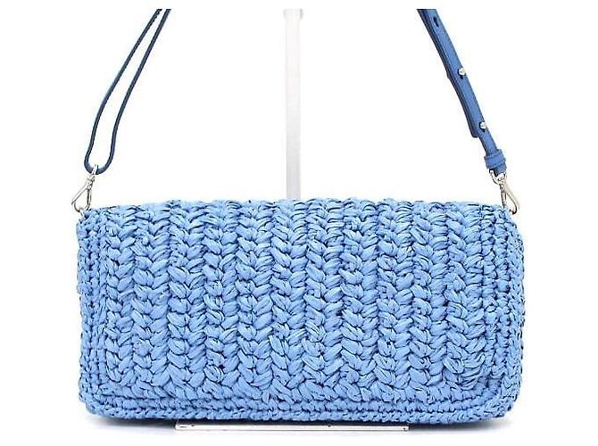 Miu Miu Borsa a tracolla in rafia blu con fiore di cristallo e catena argentata - vista 5