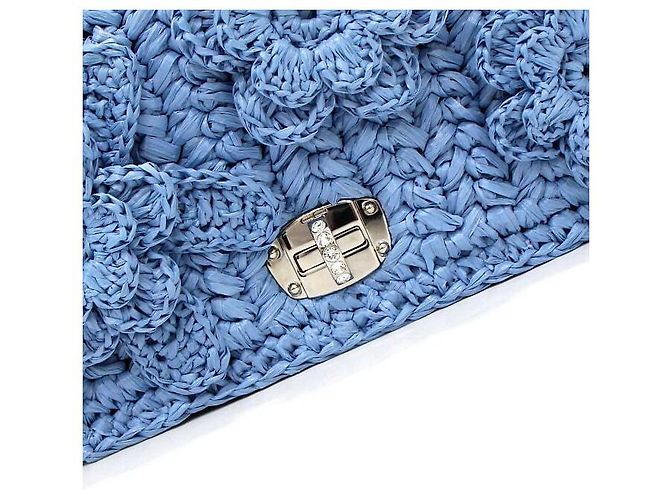 Miu Miu Borsa a tracolla in rafia blu con fiore di cristallo e catena argentata - vista 8