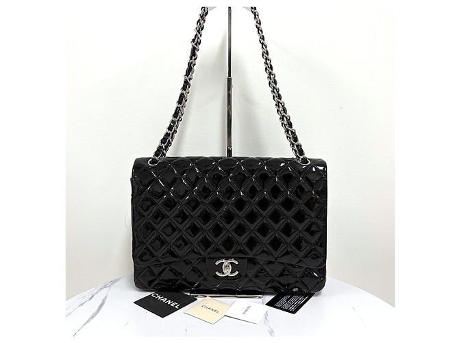 Chanel Borsa a spalla classica in pelle verniciata tono argento Nero - vista 2