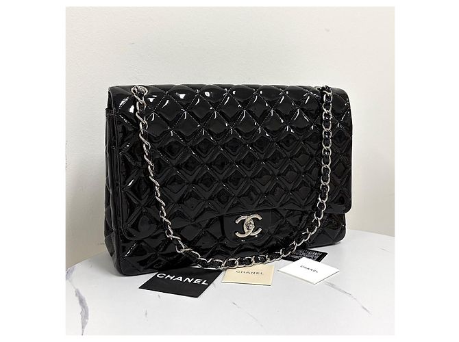 Chanel Borsa a spalla classica in pelle verniciata tono argento Nero - vista 5
