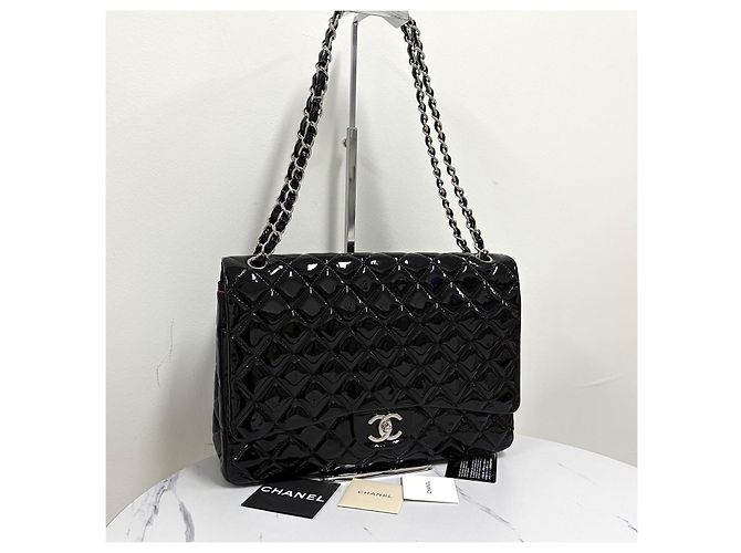 Chanel Borsa a spalla classica in pelle verniciata tono argento Nero - vista 7