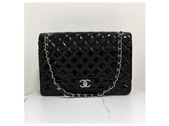 Chanel Borsa a spalla classica in pelle verniciata tono argento Nero - vista 8