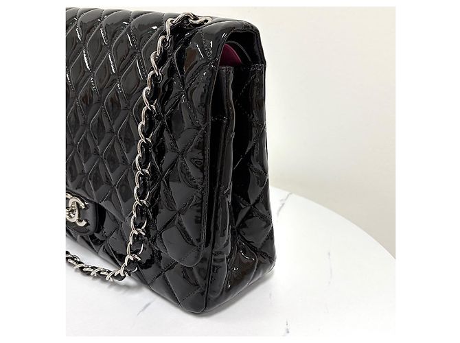 Chanel Borsa a spalla classica in pelle verniciata tono argento Nero - vista 9