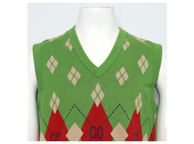 Gucci Herren-Strickweste aus Baumwolle mit Logo und grünem Argyle-Muster - Ansicht 2