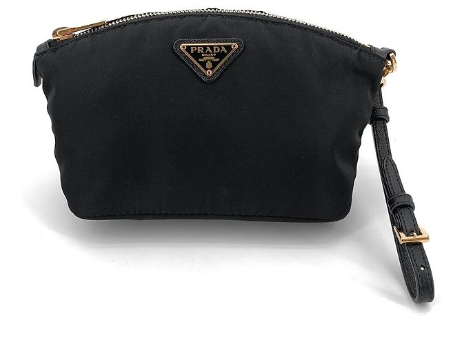 Prada Pouch in nylon con logo triangolo dorato e tracolla Nero - vista 2
