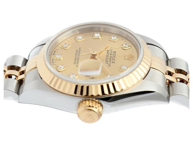 Rolex Orologio Combi da donna Datejust con diamanti originali e quadrante champagne gold D'oro - vista 11