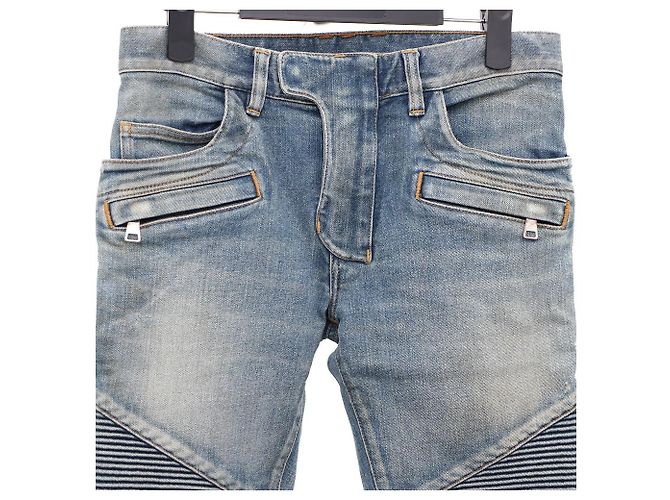 Balmain Jeans Biker con Cerniera Argentata Blu - vista 2