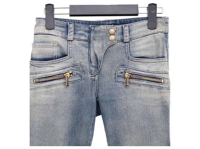 Balmain Jeans Biker con Bottoni Dorati e Zip Blu - vista 2