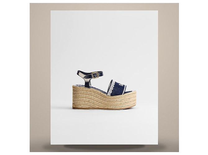 Louis Vuitton Sandali con zeppa Dantel Blu Navy Cotone Pizzo Bianco - vista 2