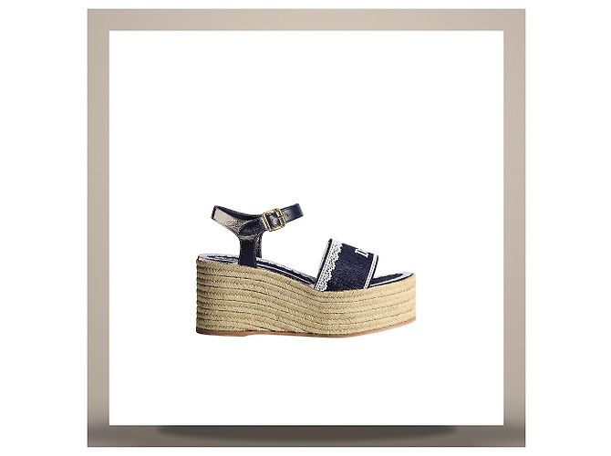 Louis Vuitton Sandali con zeppa Dantel Blu Navy Cotone Pizzo Bianco - vista 3