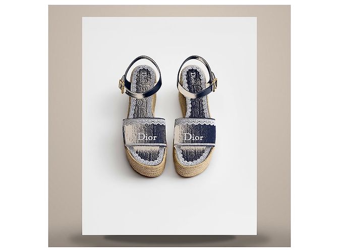 Louis Vuitton Sandali con zeppa Dantel Blu Navy Cotone Pizzo Bianco - vista 4