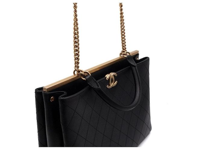 Chanel Borsa Tote Grande Black Coco Lux con tracolla a catena dorata Nero - vista 7