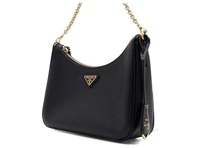 Prada Borsa hobo multi Re-Edition in pelle Saffiano nera con catena dorata - vista 3