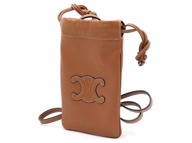 Céline Borsa a tracolla pochette per telefono Triomphe in pelle color Tan con coulisse - vista 3