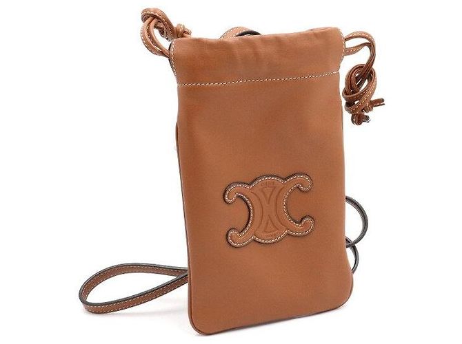 Céline Borsa a tracolla pochette per telefono Triomphe in pelle color Tan con coulisse - vista 4
