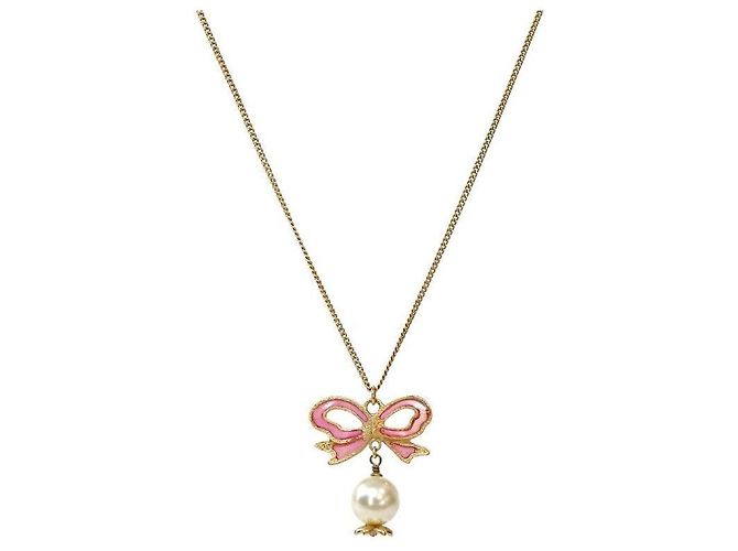 Chanel Collana CC in oro con perle e nastro rosa - vista 2
