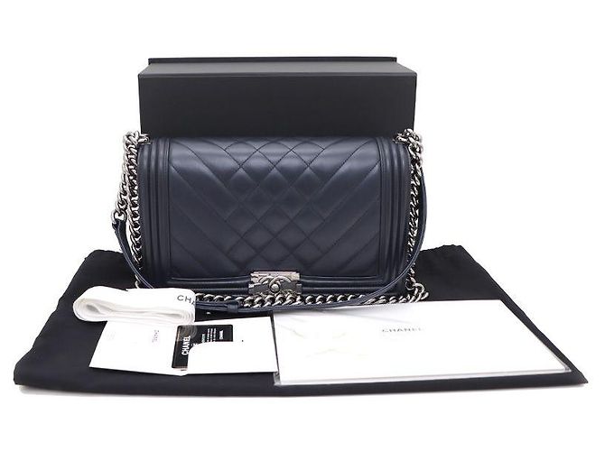 Chanel Lambskin Boy Bag Large Silver Chain Shoulder Bag and Crossbody Blue - view 10