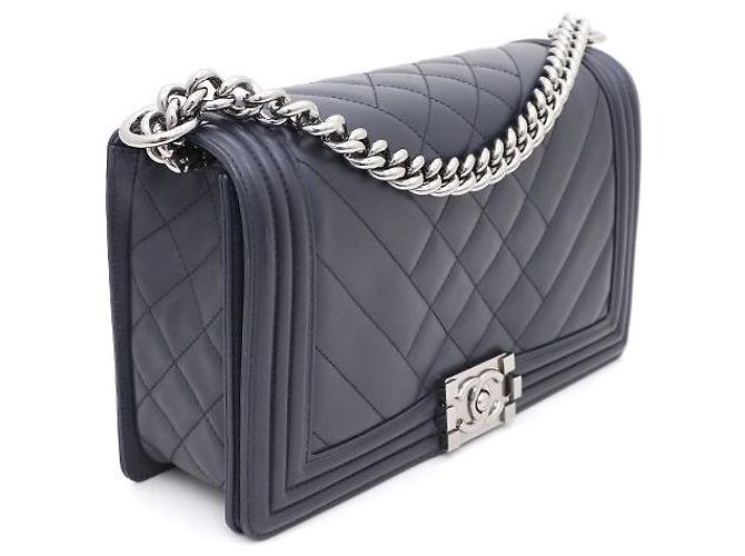 Chanel Lambskin Boy Bag Large Silver Chain Shoulder Bag and Crossbody Blue - view 2