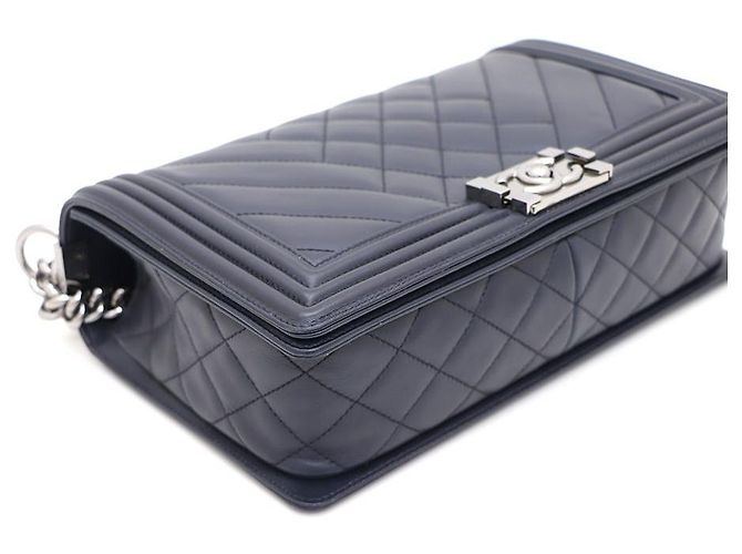 Chanel Lambskin Boy Bag Large Silver Chain Shoulder Bag and Crossbody Blue - view 5